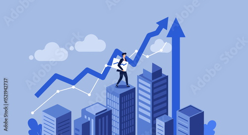 Male businessperson ascending upward-trending line graph with cityscape background