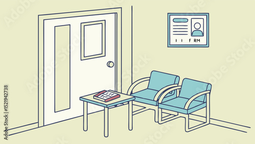 Minimalist Waiting Room Illustration Two Teal Armchairs Table and Form