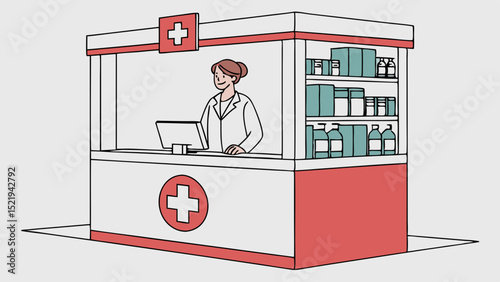 Friendly Pharmacist at a Modern Pharmacy Counter with Products Displayed