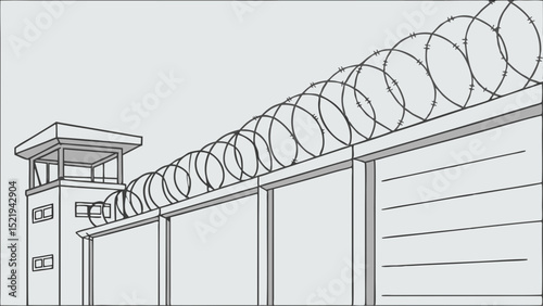 Prison Watchtower and Razor Wire Fence Illustration (1)