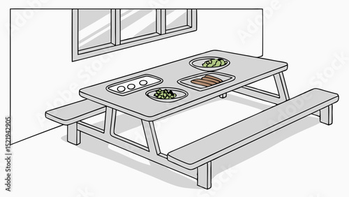 Simple Picnic Table with Food Near a Window Cartoon Illustration