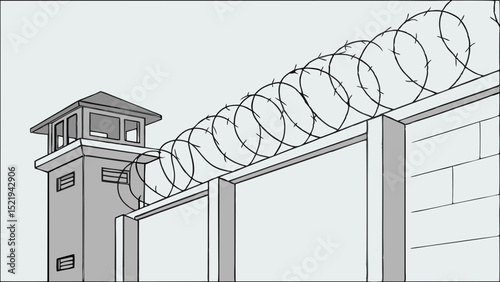 Prison Watchtower and Razor Wire Fence Illustration