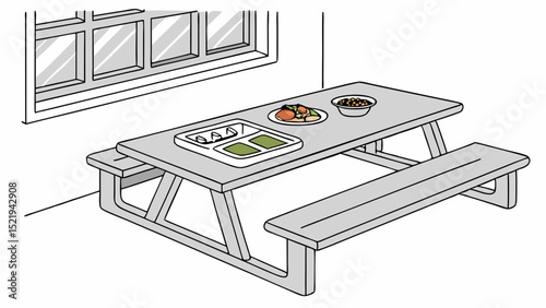 Simple Line Art Illustration of a Picnic Table with Food Trays and a Window
