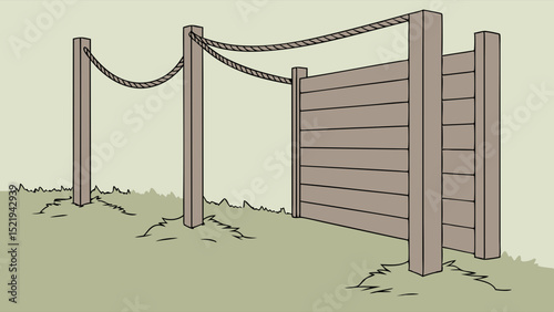 Cartoon wooden fence with rope detail supported by sturdy posts on grassy ground