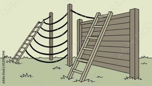 Cartoon illustration of a wooden fence ladder and rope climbing structure