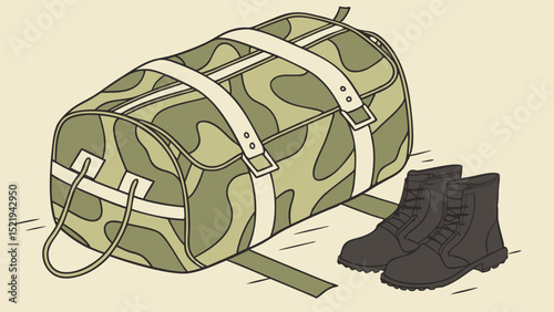 Camouflage Duffle Bag and Military Boots Illustration