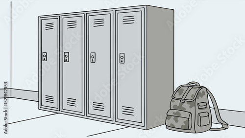 Grey School Lockers and Camouflage Backpack in Corner