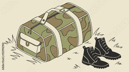 Camouflage Duffel Bag with White Straps and Black Boots Illustration
