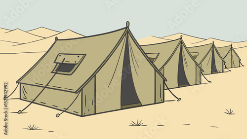Desert Canvas Tents in a Row Under a Pale Sky