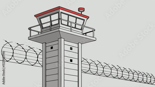 Prison Watchtower with Razor Wire Fence