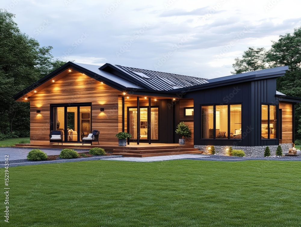 Obraz premium Modern Wooden Cabin House Design Exterior