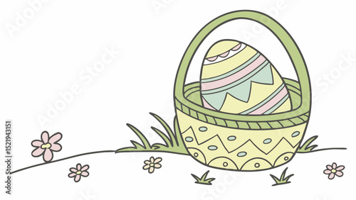 Pastel Easter Basket with Decorated Egg on Grassy Ground