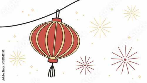Festive Chinese Lantern with Decorative Fireworks and Celestial Accents
