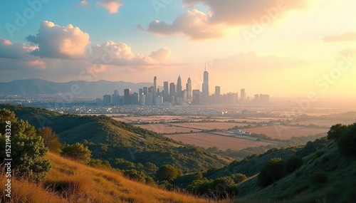 A cityscape skyline overlooking vast tracts of undeveloped land, symbolizing the potential for real estate investment and development opportunities , permit, capital, appraisal