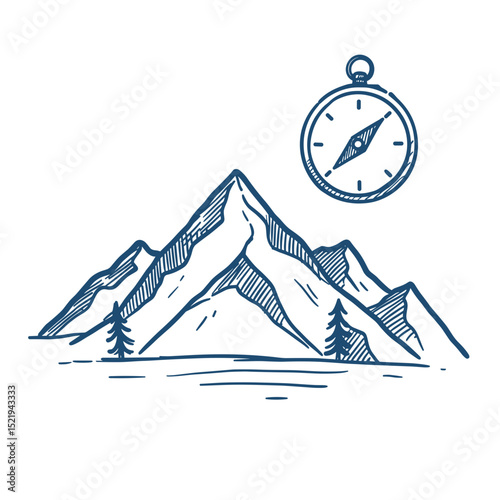 Mountain landscape with compass design for outdoor adventure concept  