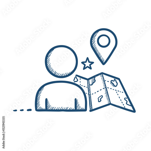 Private Tour Icon. Traveler with a map and location pin, on a transparent background. Personalized travel, exclusive tour concept for an agency or booking app