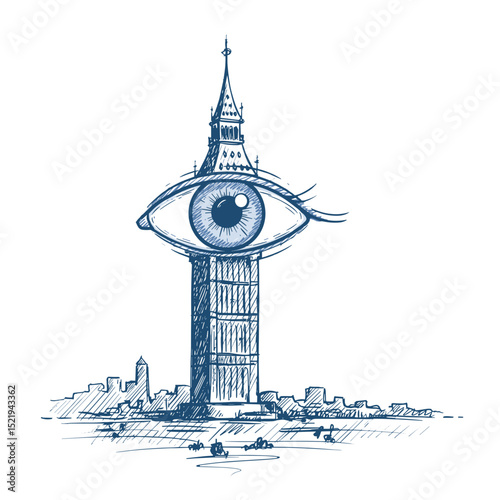 Eye depicted on Big Ben tower in sketch style for sightseeing concept  