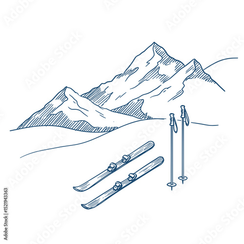 Ski equipment with mountains in the background representing Ski Resort  