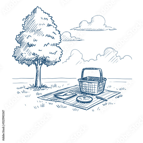 Picnic spot with a basket and blanket under a tree in the park  