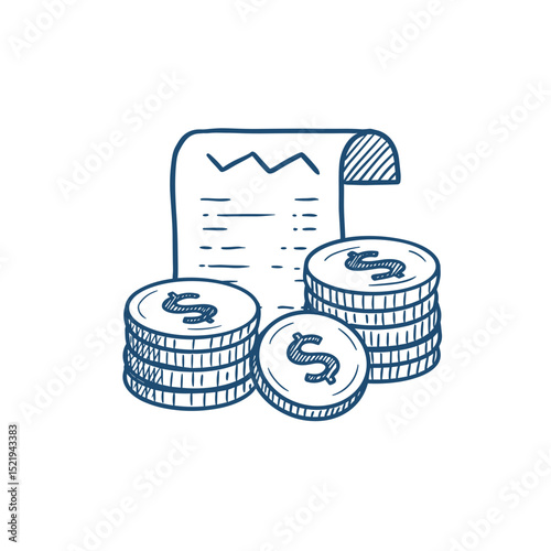 Stacks of coins with receipt in financial concept of Travel Expense  