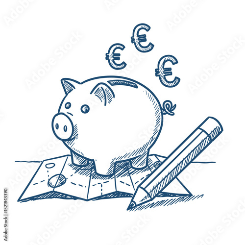Travel Budget Icon. Piggy bank with euro coins on a map, vector on a transparent background. Trip planning, saving money, finance concept for a travel blog, agency, or budgeting app
