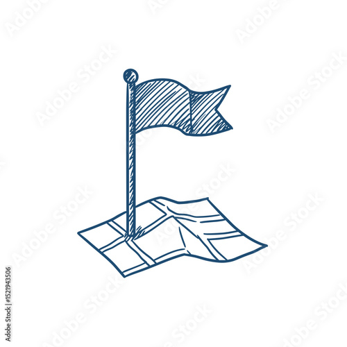 Sketched flag on a map representing the concept of Destination  