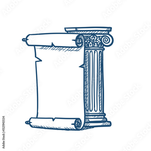 Historic site scroll with classic column in vintage sketch style  
