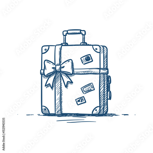 Suitcase with a bow and travel stickers representing a holiday package  