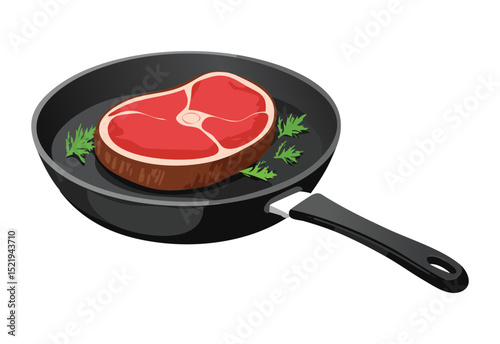 Raw Steak in Cast Iron Skillet - Vector Illustration