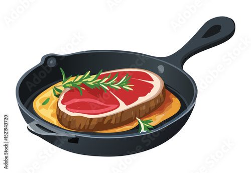 Raw Steak on Wooden Board in Pan - Vector Illustration