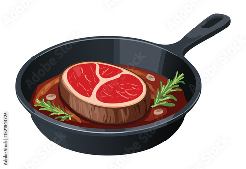 Raw Steak with Herb in Pan - Vector Illustration