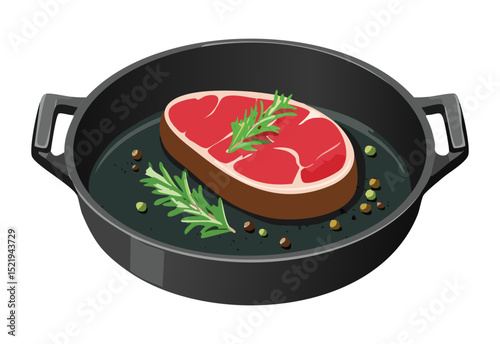 Raw Beef Steak in Cast Iron Skillet - Vector Illustration