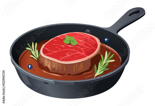 Raw Steak with Rosemary in Frying Pan - Vector Illustration