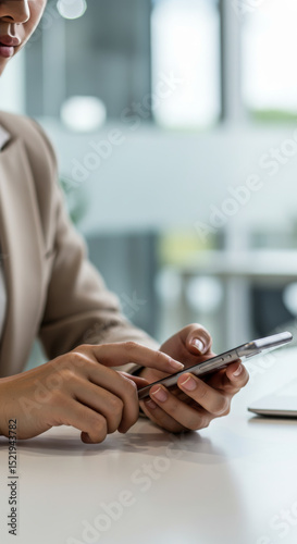 Businessman/Businesswoman analyzing data on smartphone at office desk. hands holding a cell phone - smartphone
