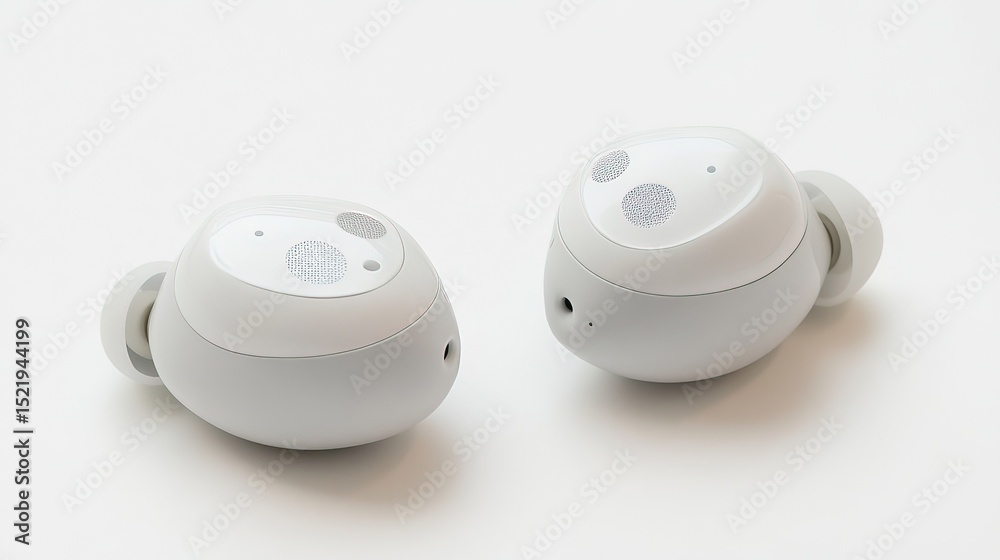 A pair of white wireless earbuds on white background A pair of white wireless earbuds on white background