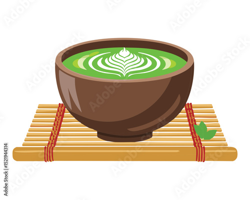 Frothy Green Drink on Bamboo Mat - Vector Illustration
