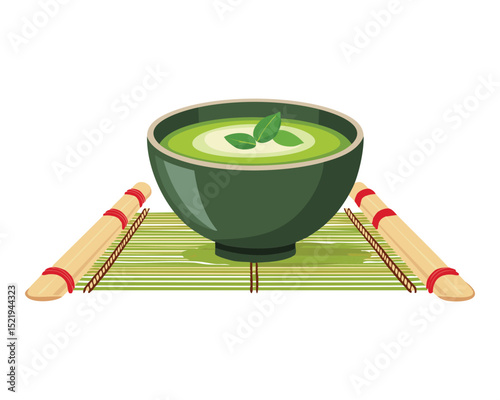Green Tea in Dark Bowl on Bamboo Mat - Vector Illustration