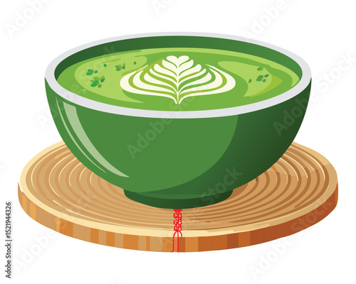 Green Tea Latte Art in Wide Bowl - Vector Illustration