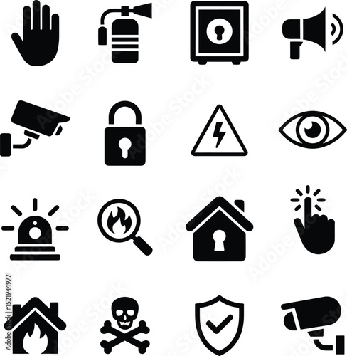 Safety and security equipment, and alert icons for signage, instructional material, industrial manuals, and workplace safety guidelines in clean vector format