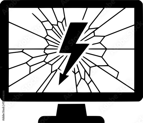 Broken monitor with lightning silhouette vector illustration
