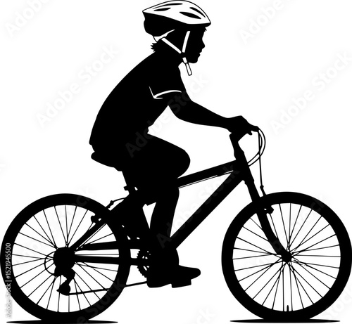 Silhouette of a kid riding a bicycle with helmet
