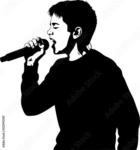 Silhouette of a boy singing into microphone
