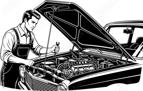 Mechanic repairing car with open hood vector
