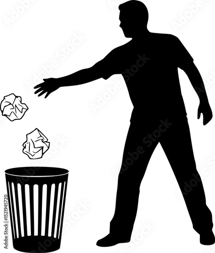 Man throwing paper into a trash can silhouette
