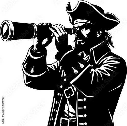 Pirate captain with spyglass black silhouette vector illustration

