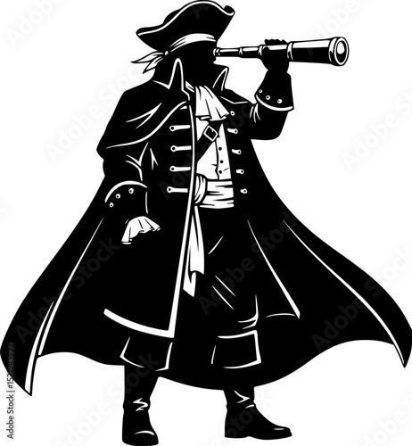 Pirate captain with spyglass black silhouette vector illustration

