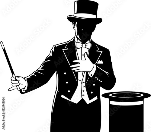 Magician with top hat and wand silhouette vector illustration
