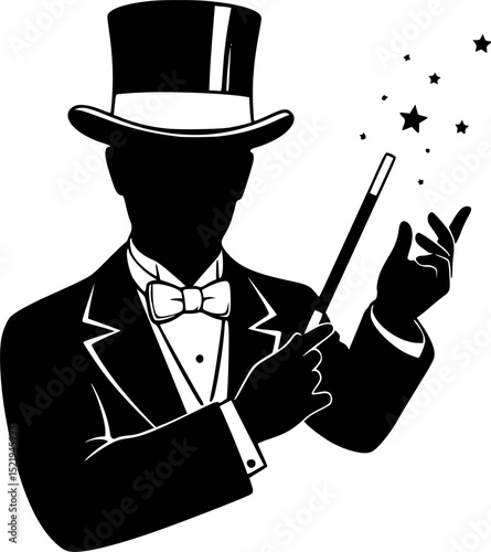Magician with top hat and wand silhouette vector illustration
