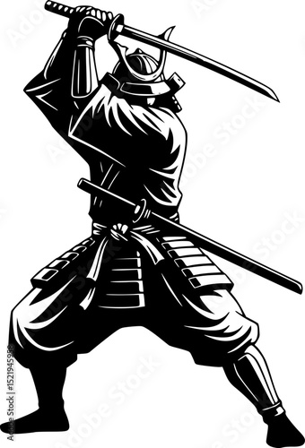 Samurai warrior with sword in fighting stance silhouette vector illustration
