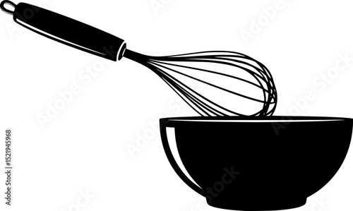 Mixing bowl and whisk kitchen utensil silhouette vector illustration
